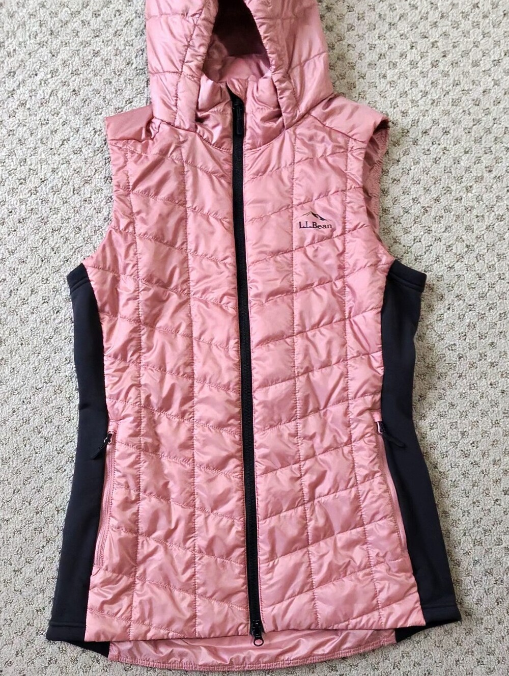 L.L. Bean Pink Quilted Hooded Vest with Black Side Panels